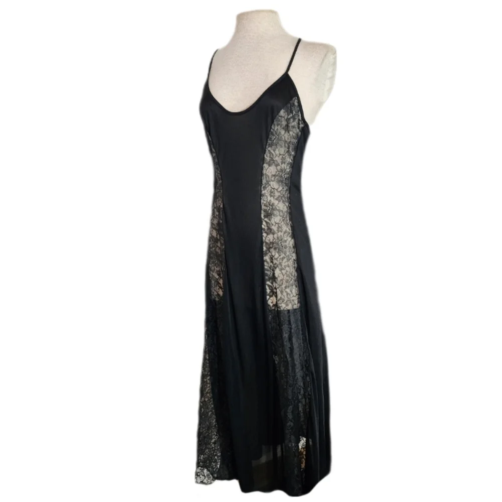 Circle III New York Slip Gown Lace Paneled Front Vibtage Black Size S - Picture 3 of 14